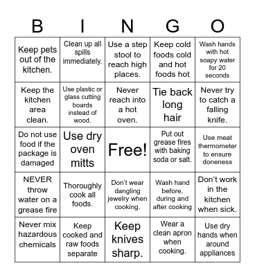 Kitchen Safety Bingo Card