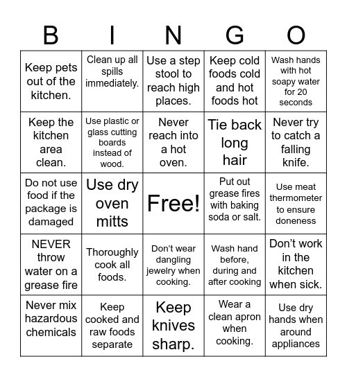 Kitchen Safety Bingo Card