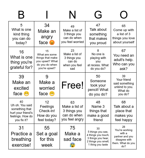 Social Emotional Bingo! Bingo Card