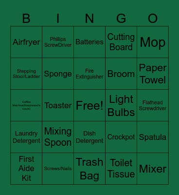 House Supplies Bingo Card