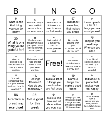 Social Emotional Bingo! Bingo Card