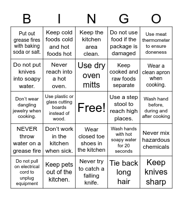 Kitchen Safety Bingo Card