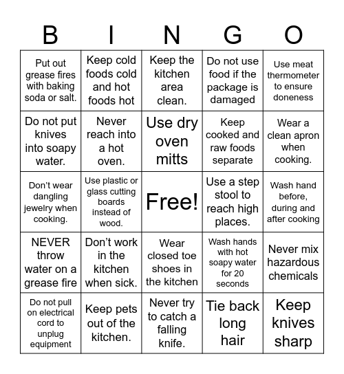 Kitchen Safety Bingo Card