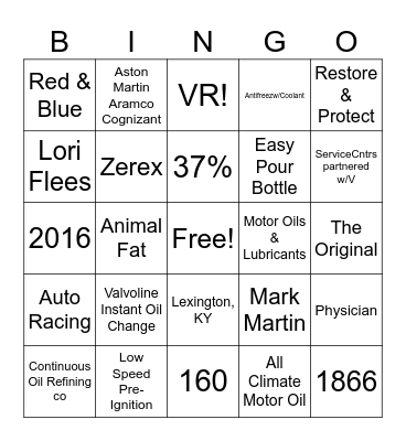 Valvoline Bingo Card