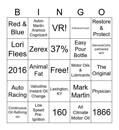 Valvoline Bingo Card