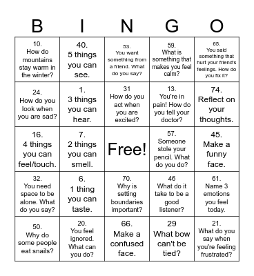 Social Emotional Bingo Card