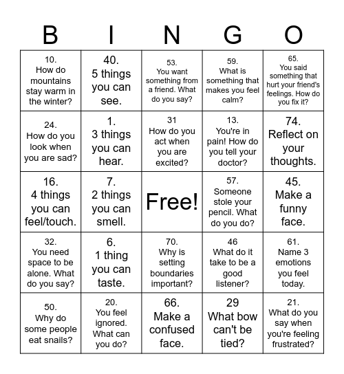 Social Emotional Bingo Card