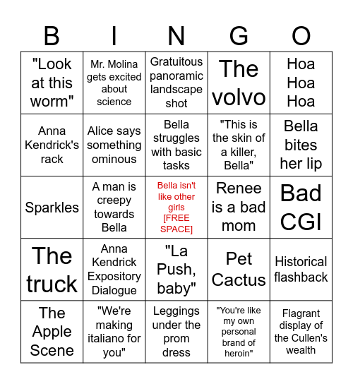Twilight Movie Bingo Card