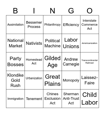 Gilded Age Bingo Card