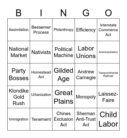 Gilded Age Bingo Card