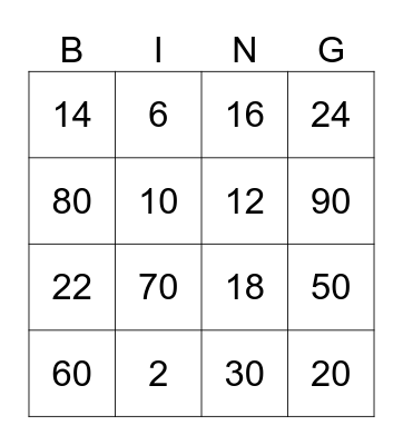 Double Number Addition Bingo Card