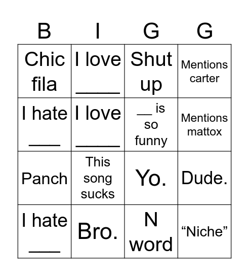 What will nic say Bingo Card