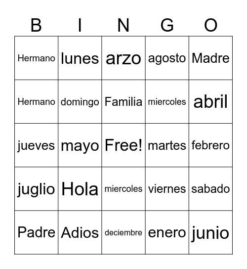 La Familia Bingo Card