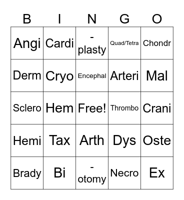 Medical Terminology Bingo Card
