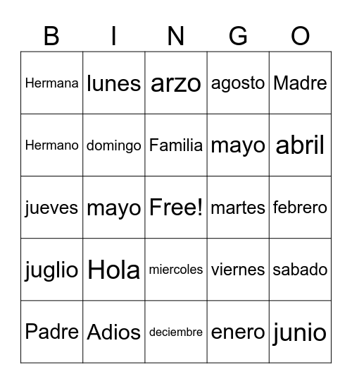 La Familia Bingo Card