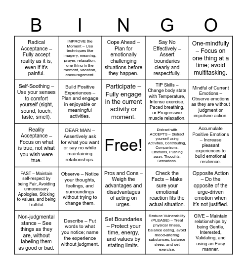 DBT SKILLS BINGO Card