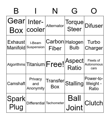 Future Ride Bingo Card