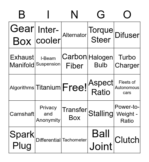 Future Ride Bingo Card