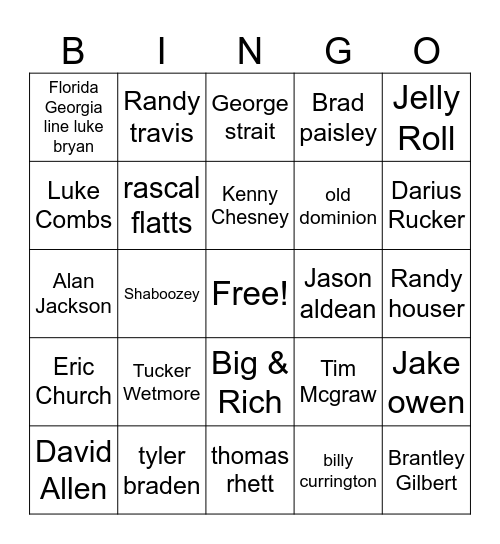 Country MEN Bingo Card