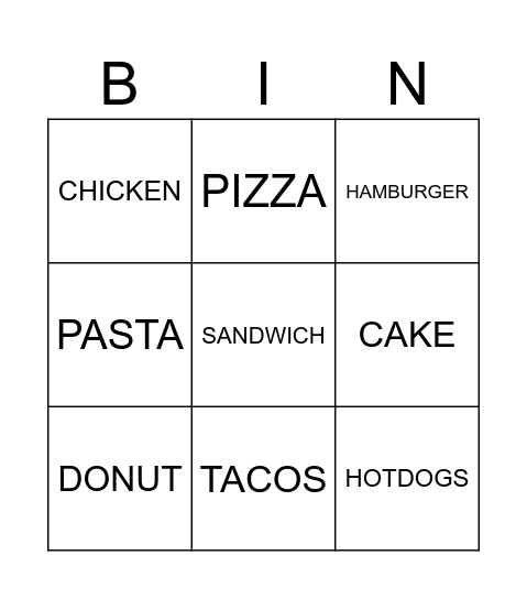 KIDS FOOD BINGO Card