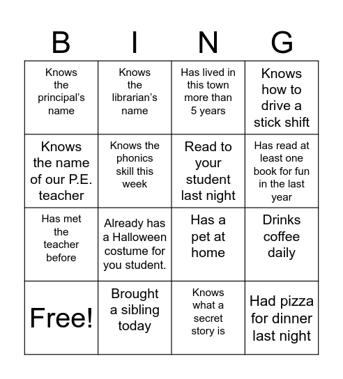 Parent Bingo Card
