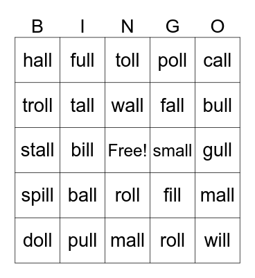 'all'  'oll' 'ull' Bingo Card