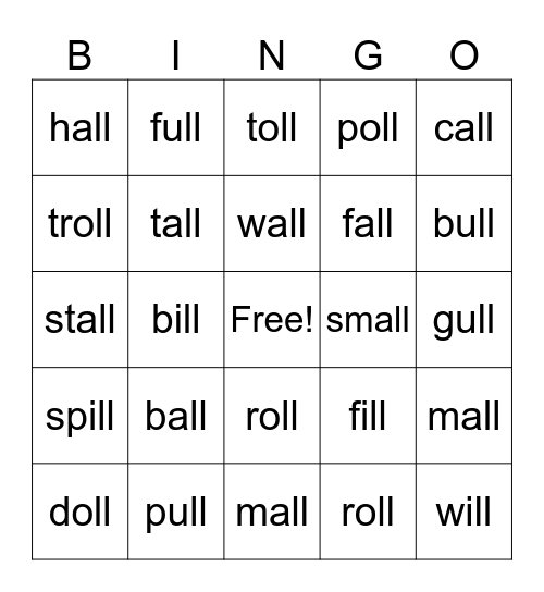 'all'  'oll' 'ull' Bingo Card