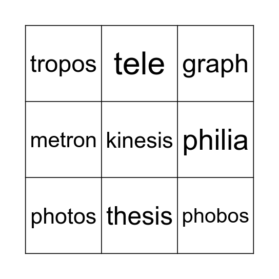 Word Roots Bingo Card