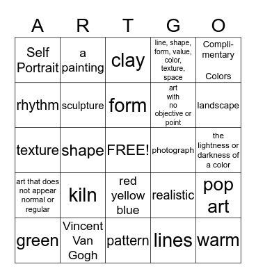 Art Assessment Bingo Card
