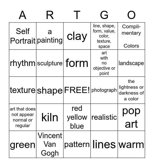 Art Assessment Bingo Card