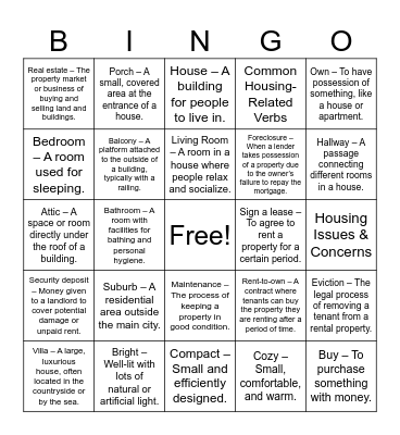 Housing Bingo Card