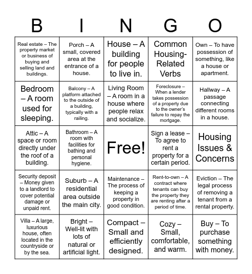 Housing Bingo Card
