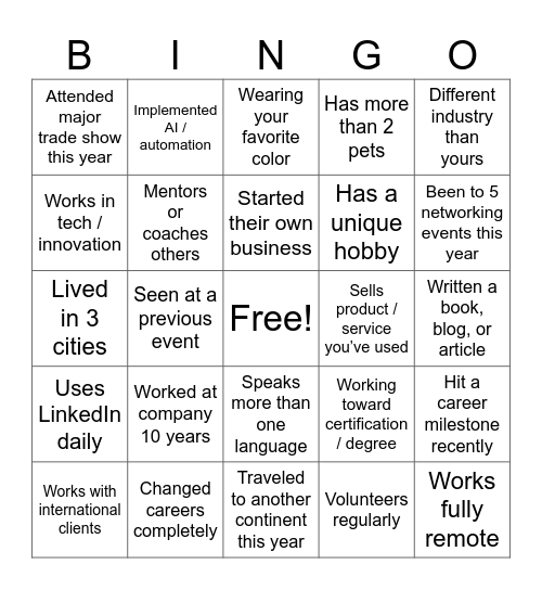 Speed Networking Bingo Card