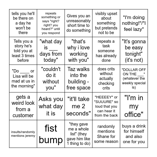 Taz Bingo Card