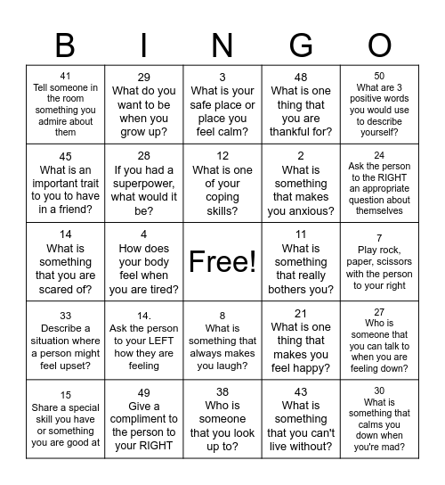 Social/Emotional Bingo Card