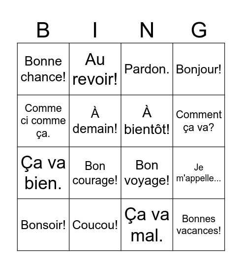 Les salutations Bingo Card