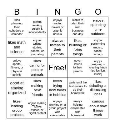 Personality Bingo Card