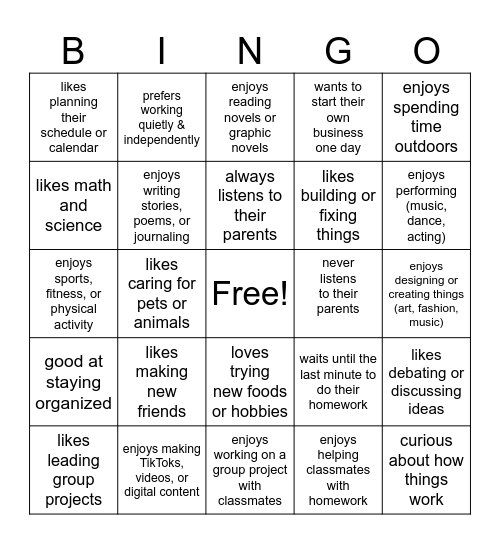 Personality Bingo Card