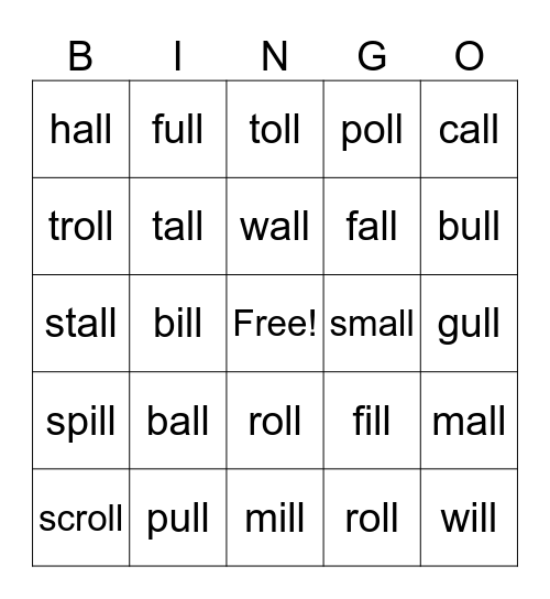 'all'  'oll' 'ull' Bingo Card