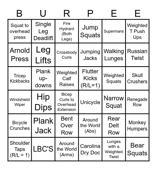 BURPEE BINGO Card