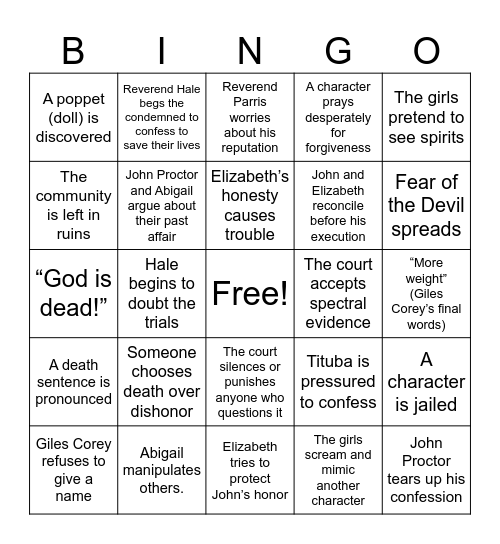 The Crucible Plot Bingp Bingo Card