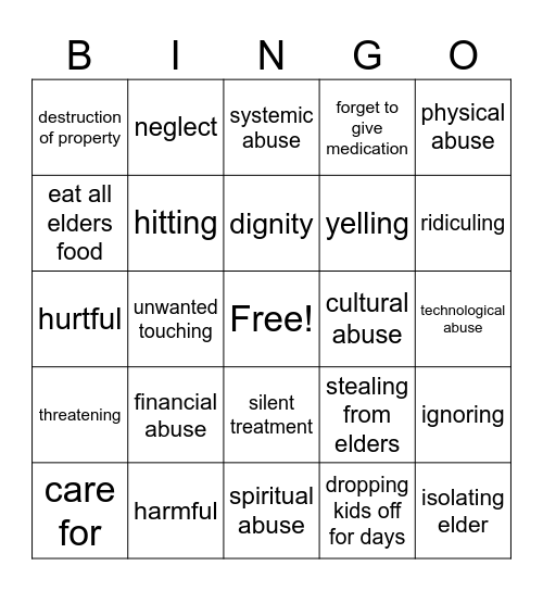 Elder Abuse Bingo Card