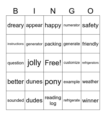 Challenge B and C Bingo Card