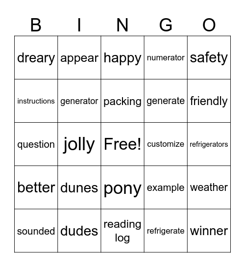 Challenge B and C Bingo Card