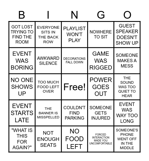 Event Fail Bingo Card