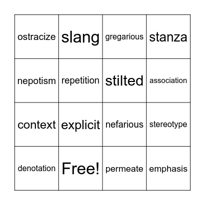 Word of the Day Bingo Card