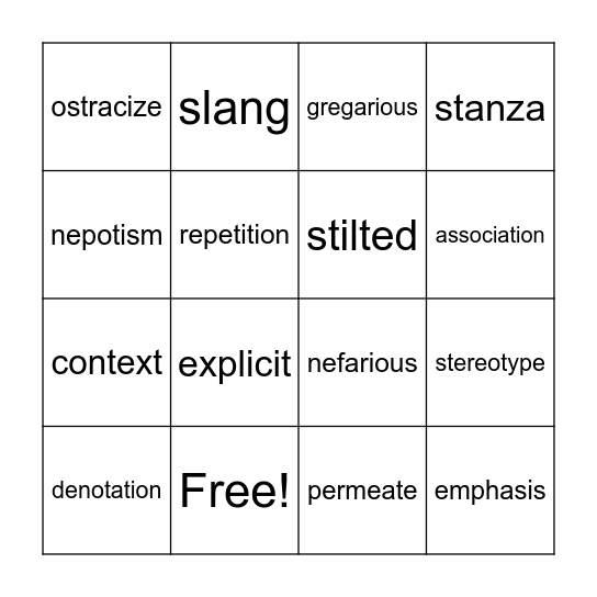 Word of the Day Bingo Card