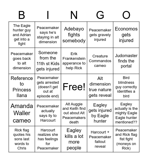 Peacemaker e5 predictions Bingo Card
