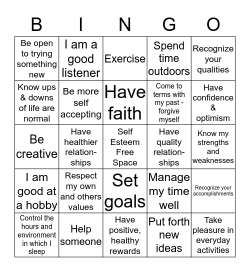 Self~Esteem Bingo Card