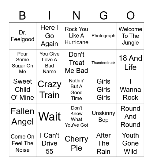 Hair Bands Bingo Card